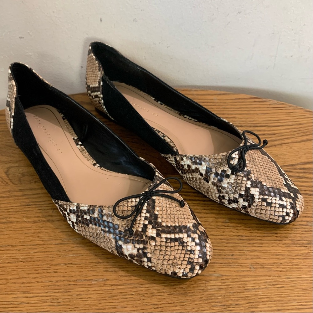 NEW! Women's ZARA Trafaluc SNAKESKIN & Black SUEDE Ballet FLATS Designer SHOES